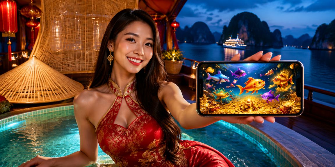 Người phụ nữ đội nón lá trải nghiệm ứng dụng casino trực tuyến trên vịnh Hạ Long