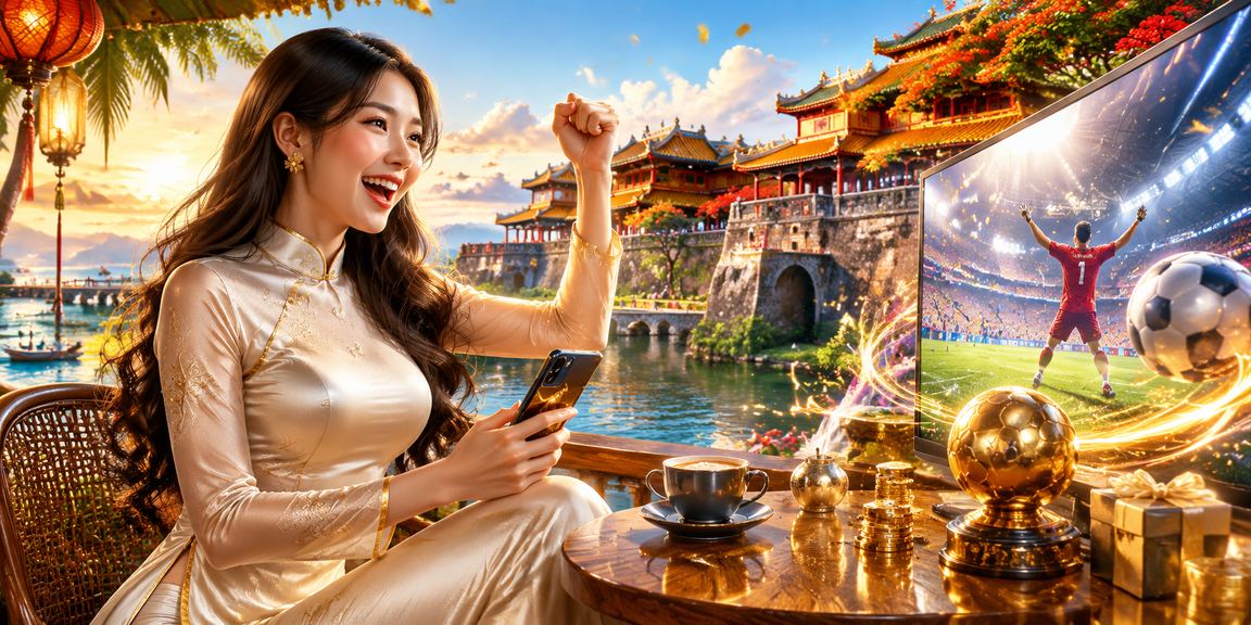 Người phụ nữ Huế mặc áo dài sử dụng điện thoại để đặt cược và trải nghiệm casino trực tuyến